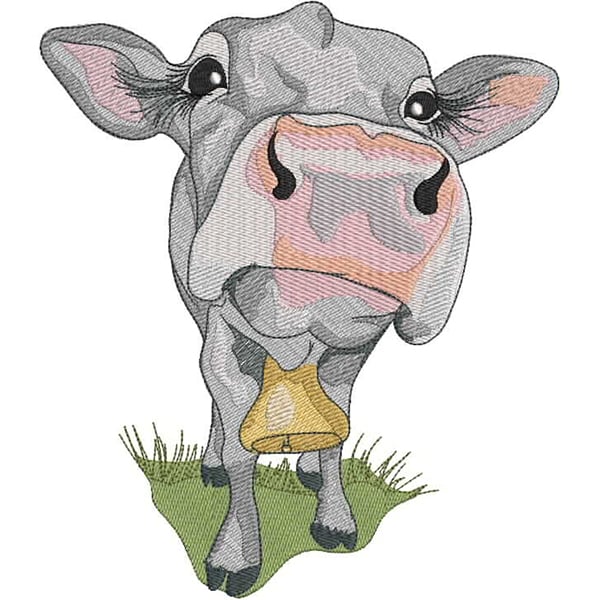An embroidery design of a friendly gray and white cow with large expressive eyes and long eyelashes, adorned with a bell around its neck.