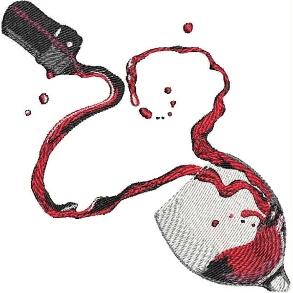 An embroidery design of a wine bottle pouring red wine into a glass, with splashes and droplets creating a dynamic effect.