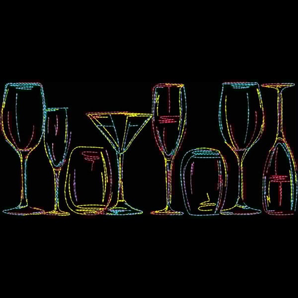 An embroidery design of various wine and cocktail glasses outlined in vibrant colors.