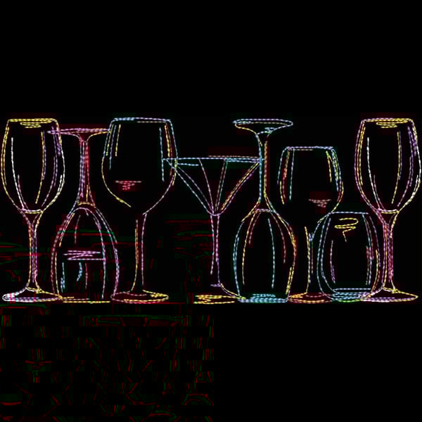 An embroidery design of various elegantly shaped glasses, including wine and cocktail types, depicted in colorful stitching.