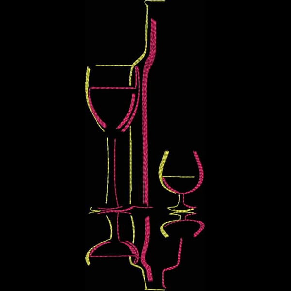An embroidery design of wine glasses and a bottle created in vibrant pink and yellow threads.