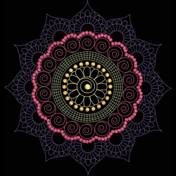 An embroidery design of a circular mandala featuring intricate spirals and floral motifs in shades of pink, gold, and green on a contrasting background.