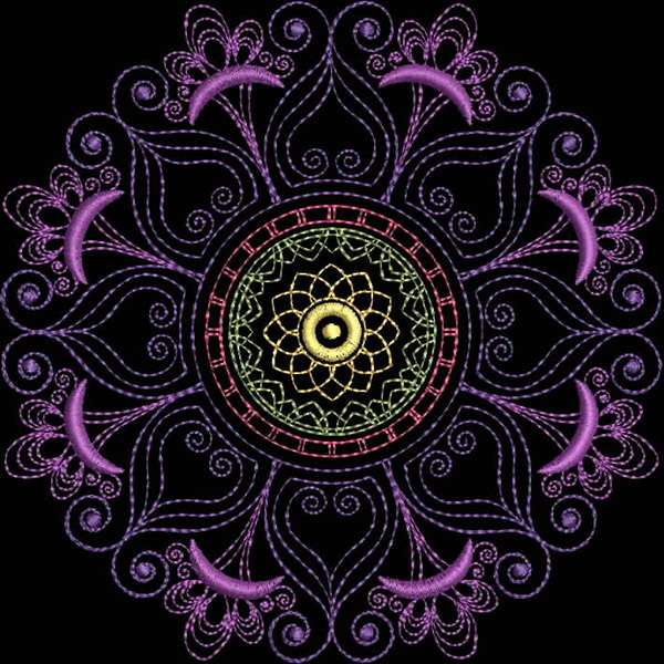 An embroidery design of a vibrant circular mandala featuring intricate floral and swirling patterns in shades of purple, green, and yellow.