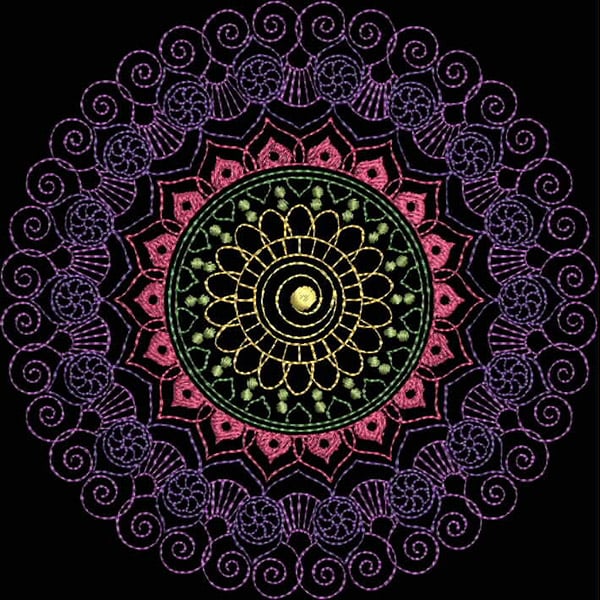 An embroidery design of a vibrant mandala featuring intricate floral patterns and swirling motifs in shades of green, pink, and purple.