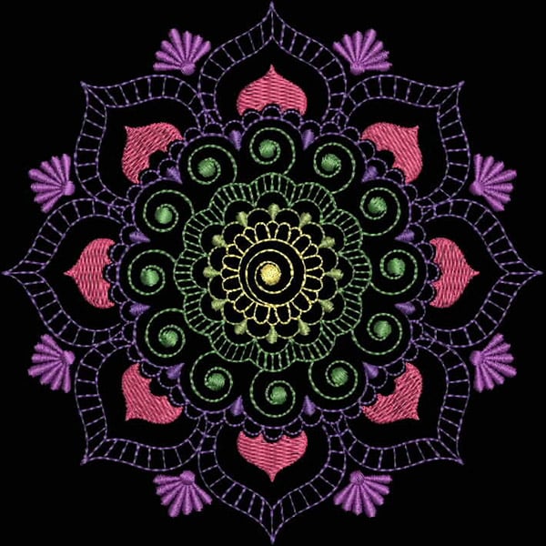 An embroidery design of a vibrant mandala featuring intricate circular patterns in green, pink, and purple shades, accented with floral motifs.