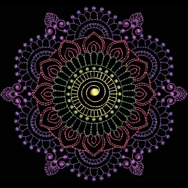 An embroidery design of a vibrant and intricate mandala featuring swirling patterns and layered petals in various colors.