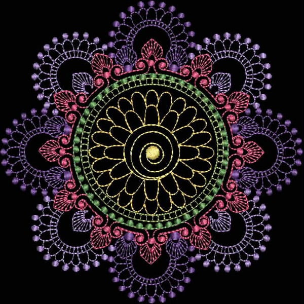 An embroidery design of a circular floral motif surrounded by intricate loops and petal-like shapes in vibrant colors.