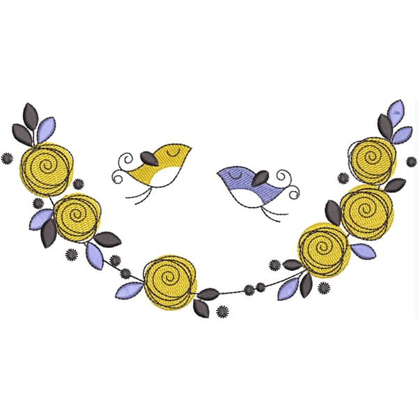 An embroidery design of whimsical birds interspersed among vibrant yellow roses and delicate leaves.