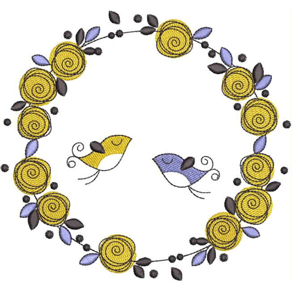 An embroidery design of two whimsical birds surrounded by a circular arrangement of yellow roses and decorative leaves.