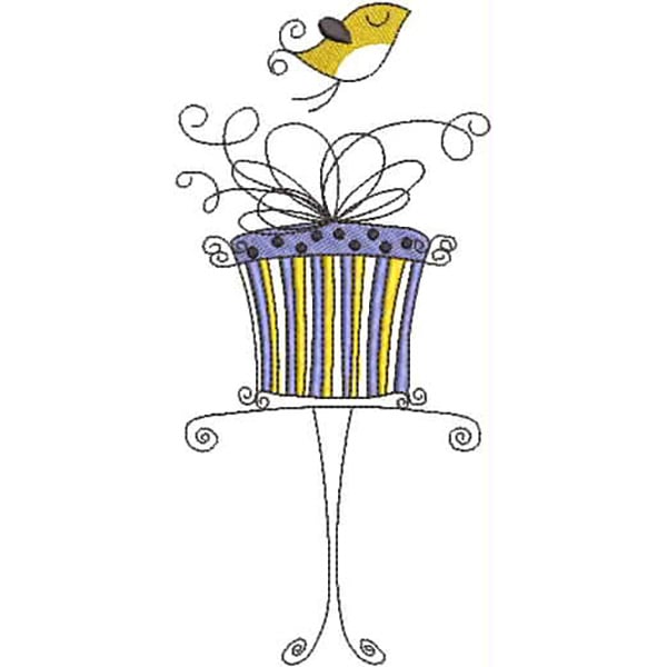 An embroidery design of a whimsical flower pot with decorative stripes and a playful bird perched above it.
