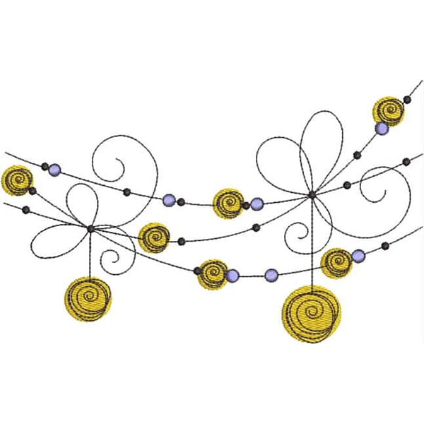 An embroidery design of swirling yellow spirals interspersed with black and purple beads, creating a playful and decorative pattern.