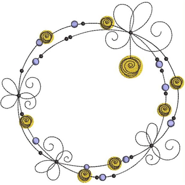 An embroidery design of a circular arrangement featuring stylized flowers, spirals, and beads in yellow and purple hues intertwined with delicate black lines.