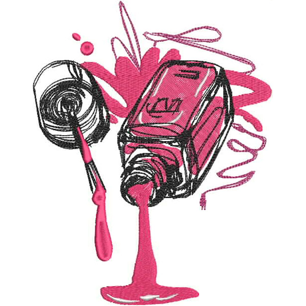 An embroidery design of a pink nail polish bottle with the cap off, spilling nail polish and accompanied by a dripping brush.
