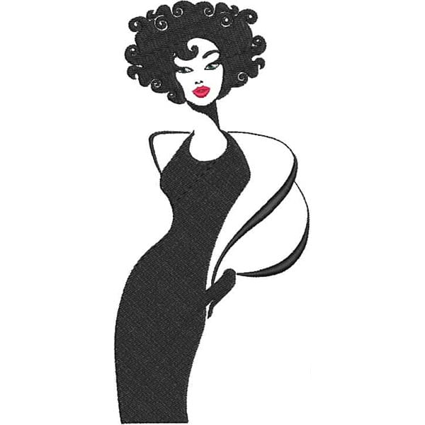 An embroidery design of a stylish woman with curly hair, wearing a fitted black dress and striking red lips.