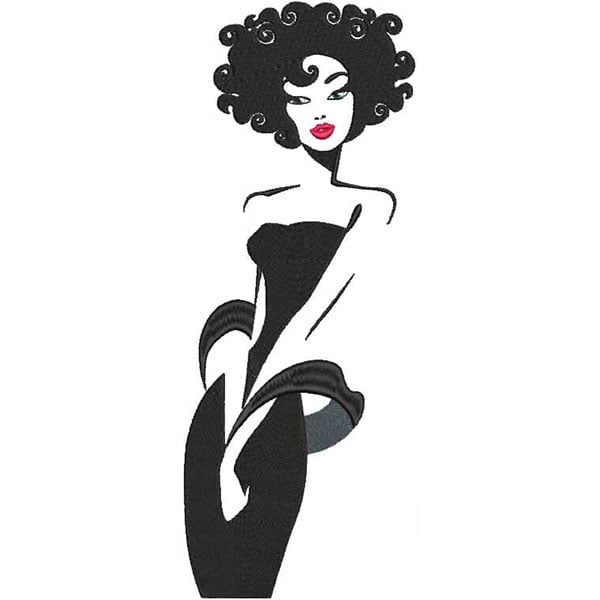 An embroidery design of a stylish woman in a form-fitting black dress with a dramatic silhouette and curly hair.