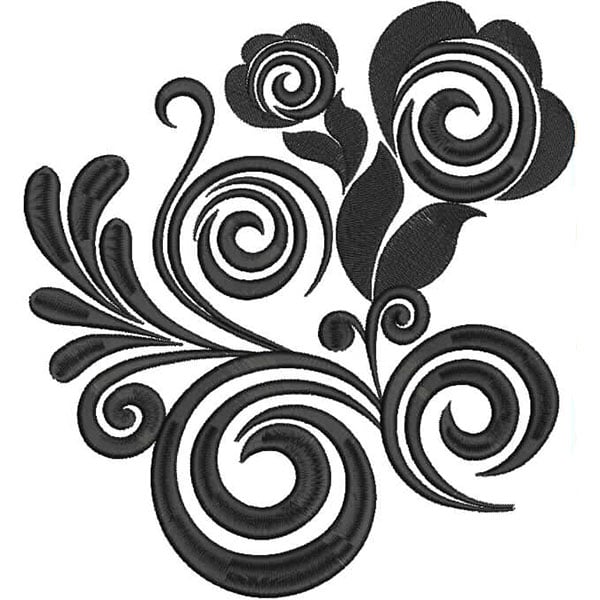 An embroidery design of intricate swirls and floral elements in a bold black outline.