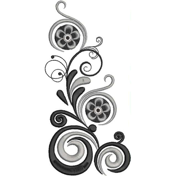 An embroidery design of swirling floral patterns in varying shades of black, gray, and white, featuring bold spirals and intricate details.