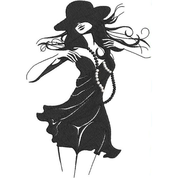 An embroidery design of a stylish woman in a flowing dress adorned with a necklace, striking a fashionable pose with a wide-brimmed hat.
