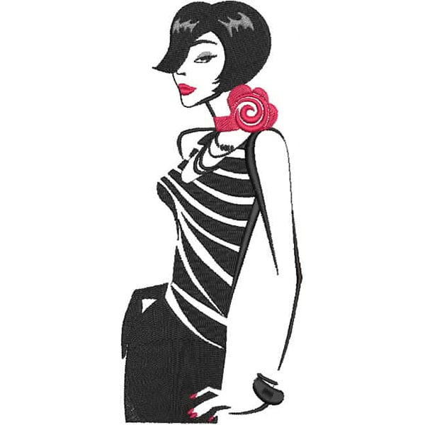 An embroidery design of a stylish woman with a bob haircut, wearing a striped top and adorned with a rose and jewelry.