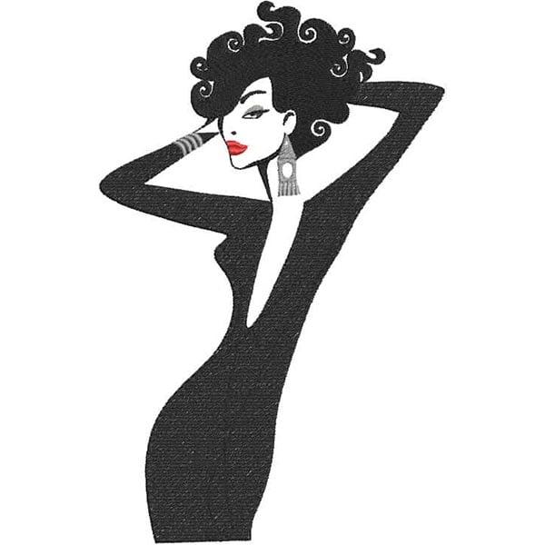 An embroidery design of a glamorous woman with curly black hair, wearing a deep V-neck dress and bold red lipstick.