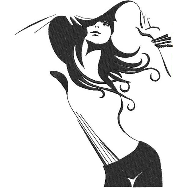 An embroidery design of a stylized woman with flowing hair, striking a graceful pose.