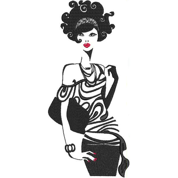 An embroidery design of a stylish woman with curly hair, dressed in a patterned top, holding a handbag and accentuating her fashionable look with bold jewelry and striking red lips.