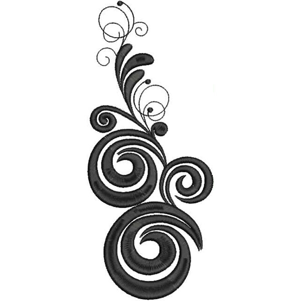 An embroidery design of intertwining swirls and scrolls, featuring intricate detailing in black thread.