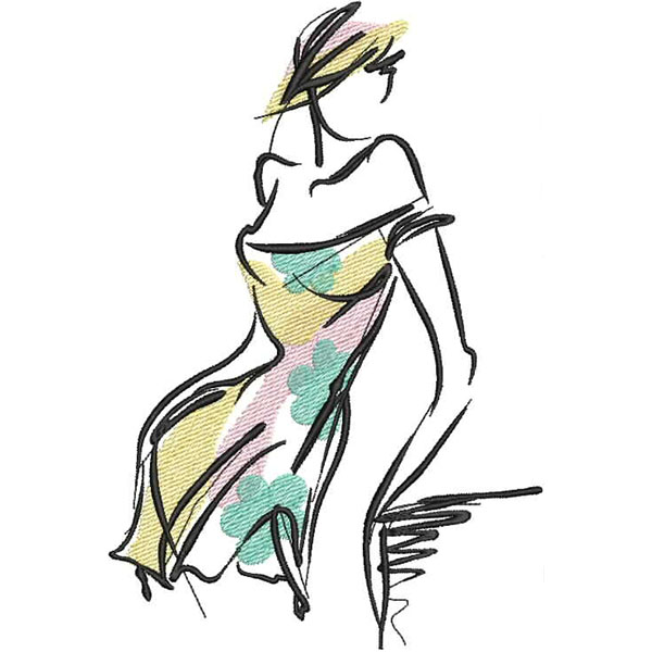 An embroidery design of a stylish figure in a floral dress, featuring a mix of pastel colors and elegant lines.