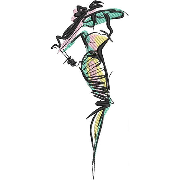 An embroidery design of a stylish, elongated figure wearing a vibrant dress and a large hat, capturing a sense of elegance and flair.