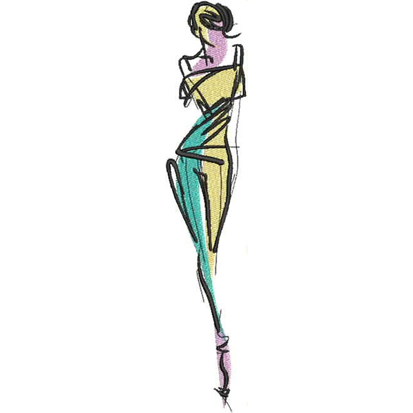 An embroidery design of a stylized fashion figure with an angular silhouette, featuring bold colors such as yellow, pink, and teal.