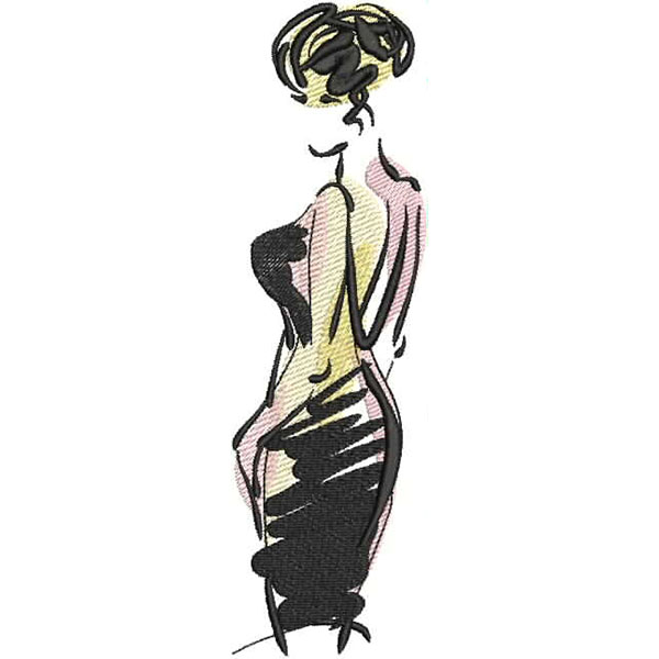 An embroidery design of a stylized female figure in a fitted dress, featuring soft lines and a minimalist color palette.