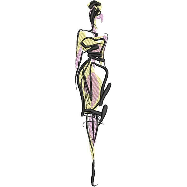 An embroidery design of a stylish, slender figure wearing a form-fitting dress, accentuated by delicate line work and soft colors.