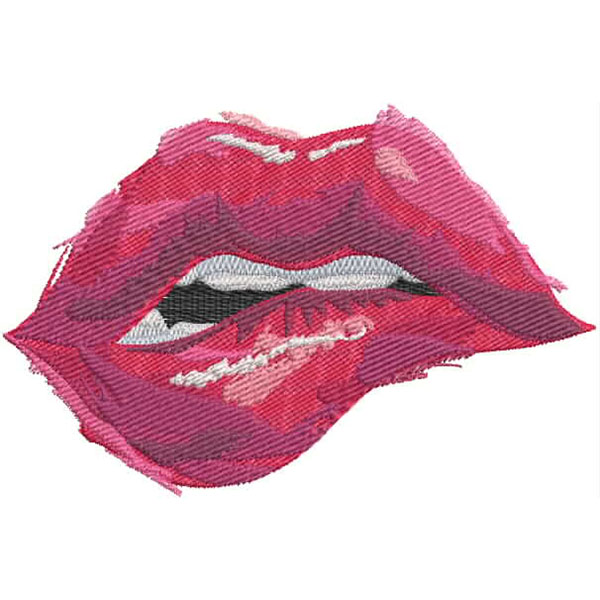 An embroidery design of vibrant, plump lips with various shades of pink and subtle highlights.