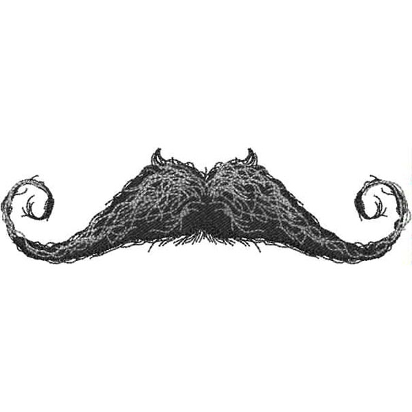 An embroidery design of a stylized, bushy mustache with curly ends.