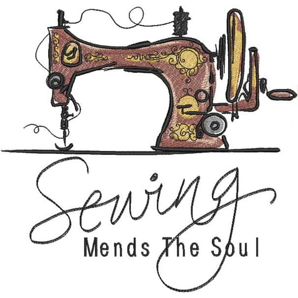 An embroidery design of a vintage sewing machine accompanied by the text "Sewing Mends The Soul."