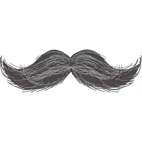 An embroidery design of a stylized, thick mustache with sweeping curves and textured strands.