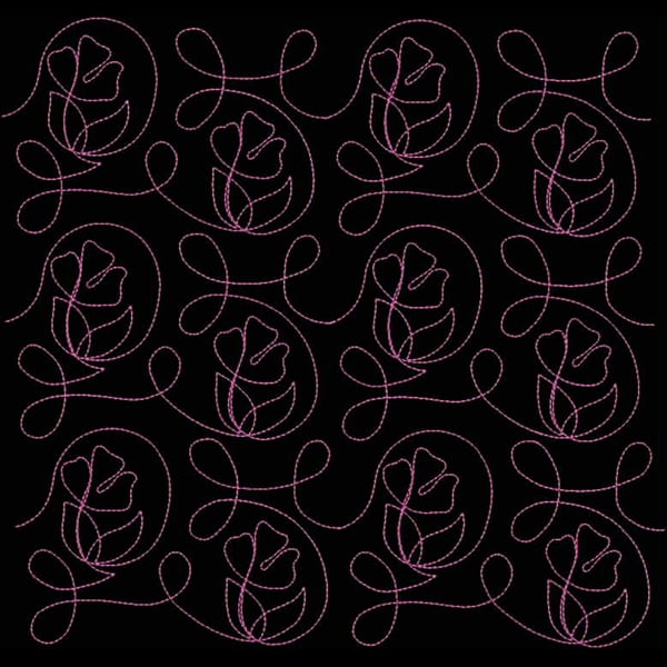 An embroidery design of intertwined flowers with delicate vine-like elements in a repeating pattern.
