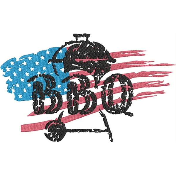An embroidery design of a barbecue grill with the letters "BBQ" prominently displayed, accented by stylized elements representing the American flag.