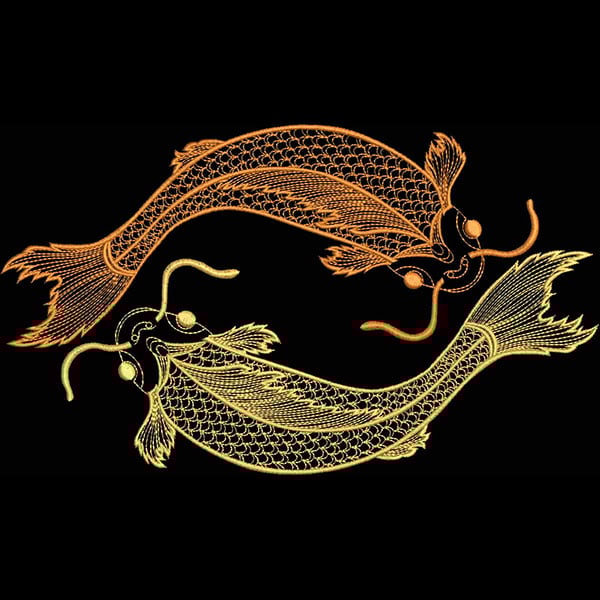 An embroidery design of two stylized koi fish, one in orange and the other in gold, entwined in a dynamic and flowing manner.