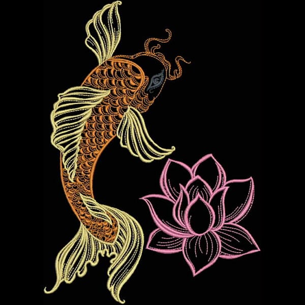 An embroidery design of a vibrant orange koi fish alongside a delicate pink lotus flower.