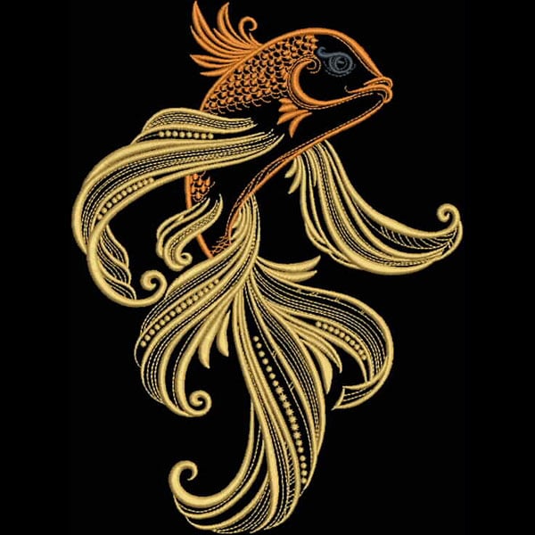 An embroidery design of a graceful fish with flowing fins, intricately detailed in shades of gold and orange.