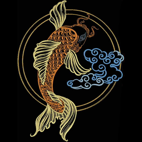 An embroidery design of a vibrant koi fish in orange and gold, gracefully swimming amidst stylized blue clouds.