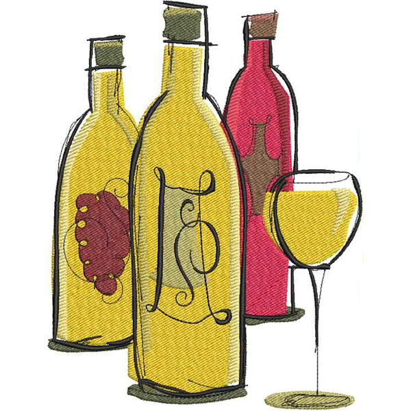 An embroidery design of three decorative wine bottles accompanied by a glass of wine, featuring playful colors and intricate patterns.