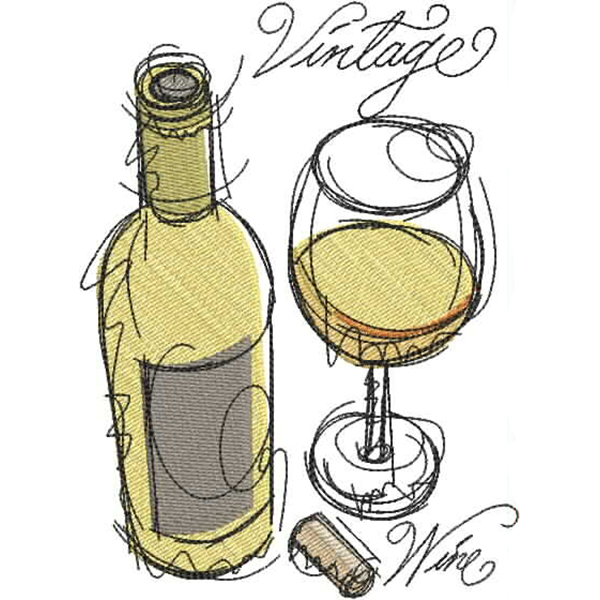 An embroidery design of a wine bottle, a glass of white wine, and a cork, accompanied by the text "Vintage."