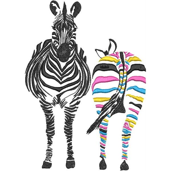 An embroidery design of two zebras, one illustrated in traditional black and white stripes and the other in vibrant, colorful stripes.
