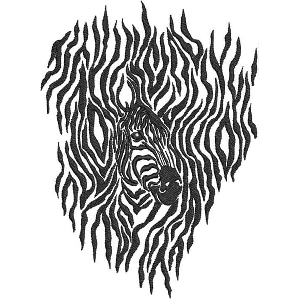 An embroidery design of a zebra's head created with bold black and white stripes that evoke its unique pattern.