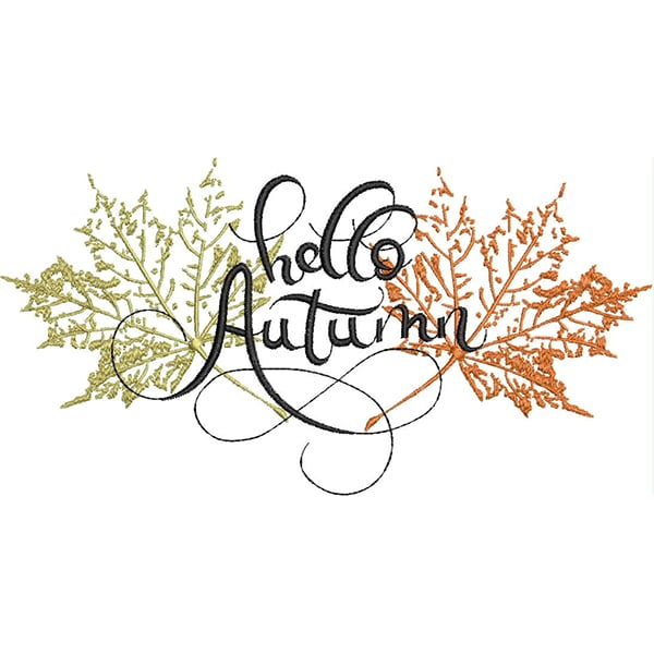 An embroidery design of the phrase "hello Autumn" elegantly intertwined with green and orange leaf motifs.