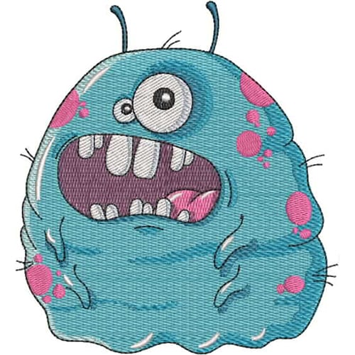 An embroidery design of a playful, cartoonish monster with large eyes, a wide mouth filled with teeth, and a bubbly blue body adorned with pink spots.