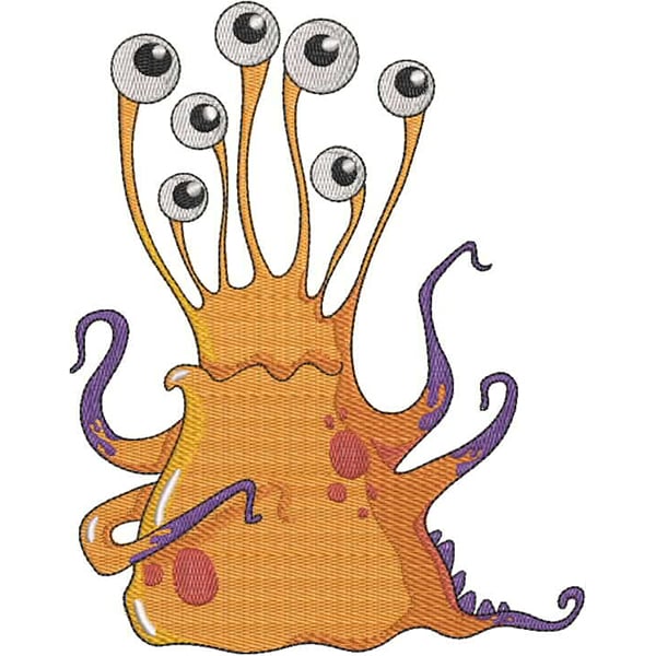 An embroidery design of a whimsical, multi-eyed monster with a bulbous body and curling tentacles in vibrant orange and purple hues.