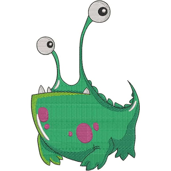 An embroidery design of a whimsical green monster with two large eyes and playful pink spots.